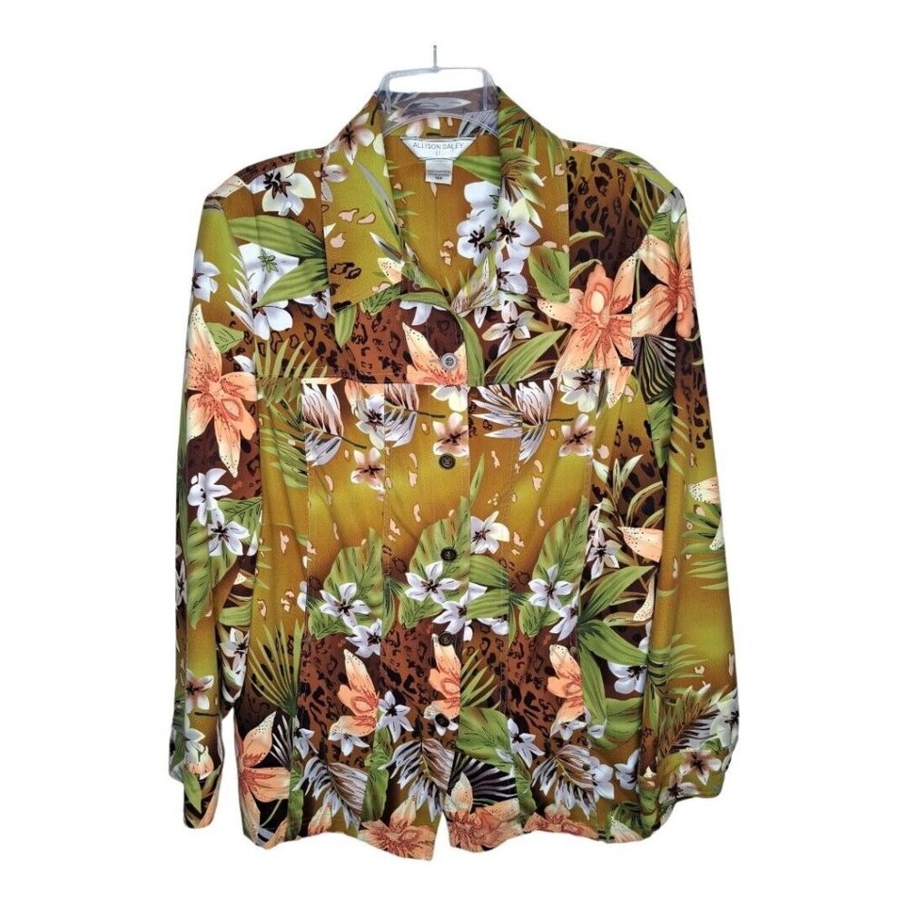 Allison Daley Women's Floral Tropical Animal Print Plus 18W Jacket Green Brown